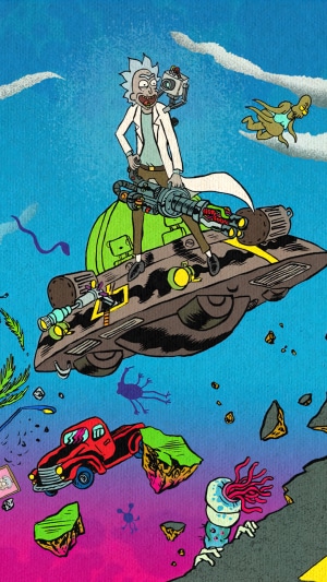 Rick Sanchez from Rick and Morty on a flying vehicle