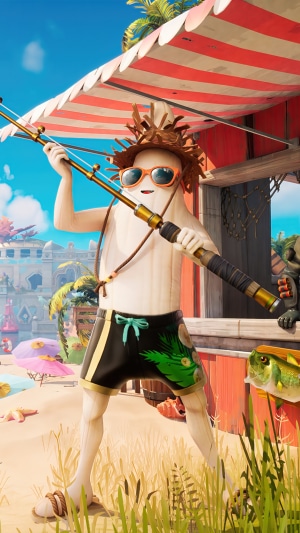 Peely from Fortnite fishing on a summer beach