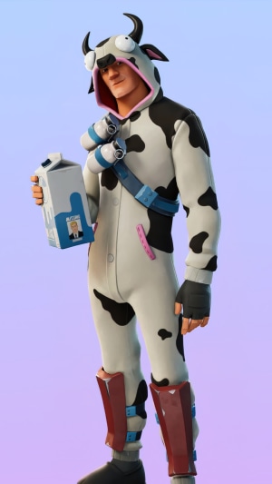 Fortnite character in cow costume holding milk carton