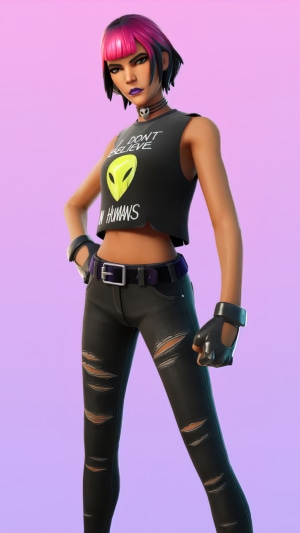 Fortnite character with pink hair and alien shirt
