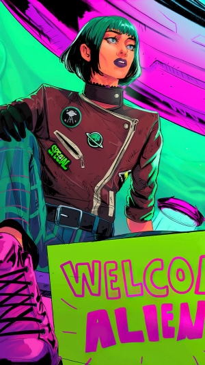 Girl with green hair and alien patches on jacket
