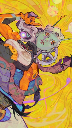 Fortnite characters in a vibrant yellow abstract background