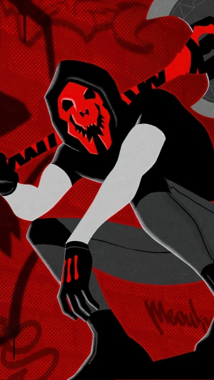 Character with red skull mask and axe from Fortnite