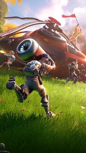 Fortnite characters running near a crashed helicopter