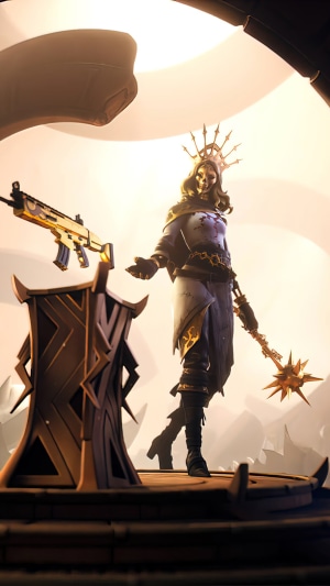 Fortnite character with golden rifle and mace