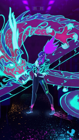 Akali from League of Legends with a neon dragon