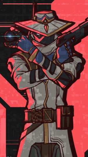 Cypher from Valorant holding guns