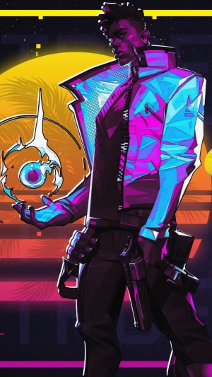 Phoenix from Valorant in Synthwave style