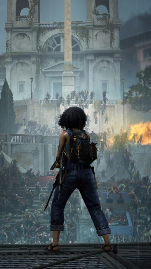 Woman with gun and backpack in World War Z: Aftermath