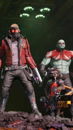Star-Lord, Drax, and Rocket Raccoon from Marvel's Guardians of the Galaxy