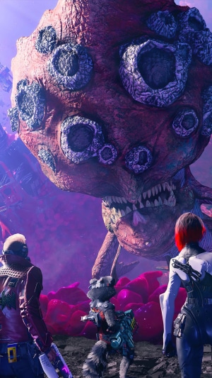 Marvel's Guardians of the Galaxy video game characters confront a large monster