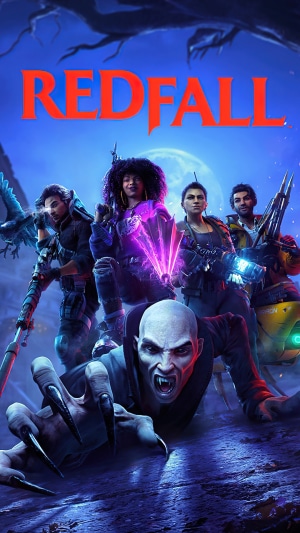 Redfall video game poster with characters and vampire