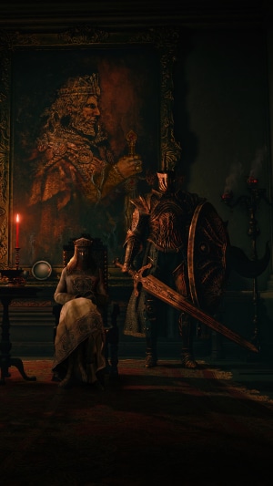 Knight and Queen in front of a Royal Portrait in Elden Ring