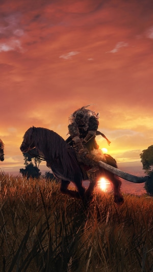 Elden Ring character riding a horse at sunset