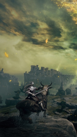 Elden Ring Knight on Horseback with Castle Background
