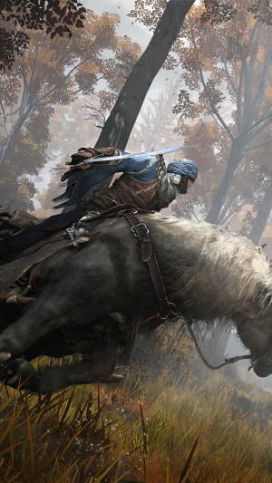 Elden Ring: Tarnished riding Torrent through autumn forest