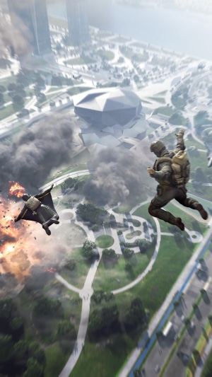 Battlefield 2042 players parachute over a city