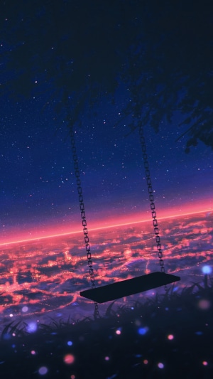 Anime night sky with city lights and a swing