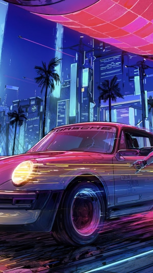 Cyberpunk Porsche driving through a neon city at night