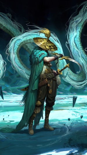 Warrior with Dragon in Fantasy Landscape
