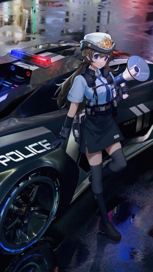 Anime police girl with megaphone and police car