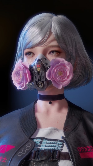 Girl with Gas Mask and Flowers