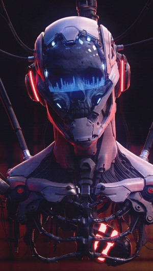 Cyberpunk robot with skull face and audio equalizer