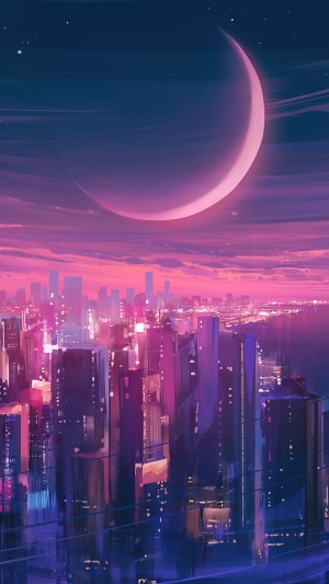 Crescent Moon over a Neon City at Night