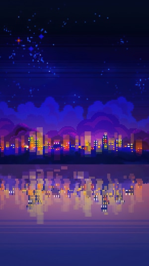 Pixelated Cityscape at Night with Stars and Reflection