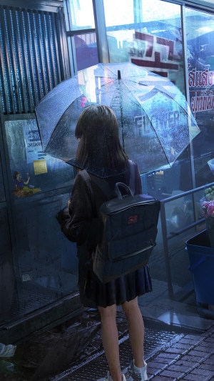 Anime girl with umbrella in the rain