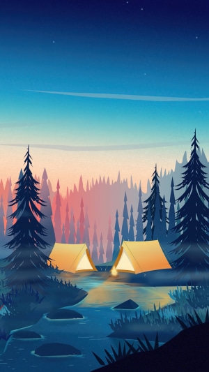 Minimalist camping scene with tents by a river at sunrise