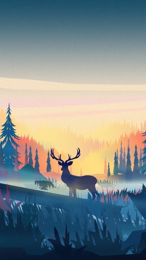 Deer in a misty forest at sunrise