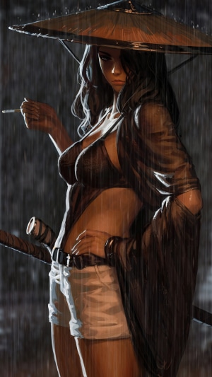 Woman in conical hat smoking in the rain with sword
