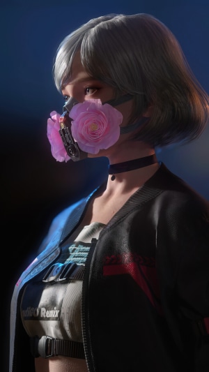 Woman with cyberpunk gas mask and flowers