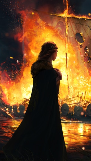 Viking funeral ship burning with a woman watching