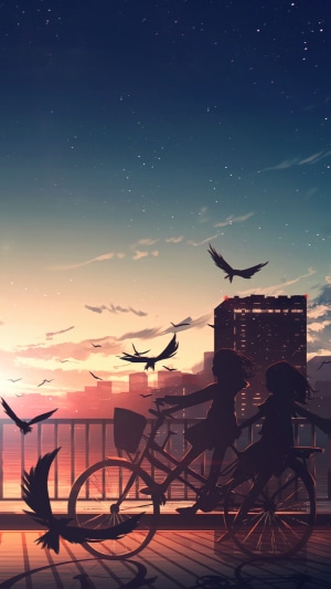 Anime city skyline at sunrise with birds and cyclists