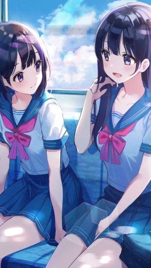 Two anime schoolgirls in blue uniforms on a bus