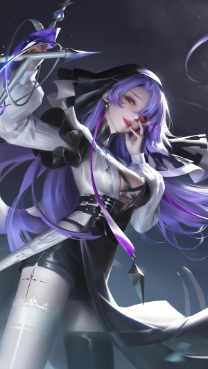 Woman with purple hair and sword