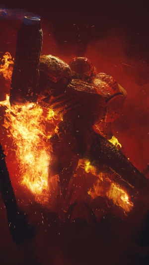 Samus Aran from Metroid engulfed in flames