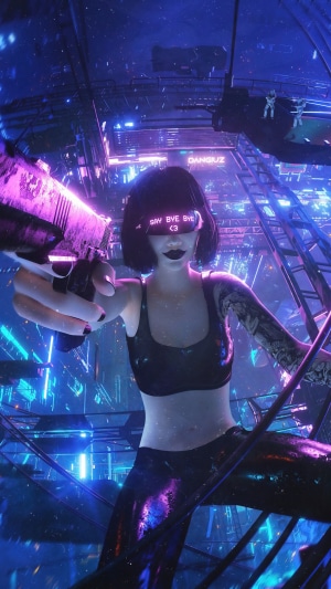 Girl with gun in a cyberpunk city