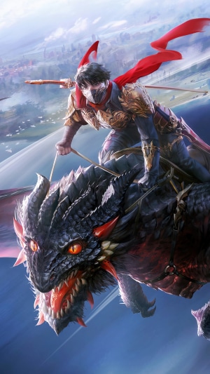 Warrior riding a dragon with a red cape