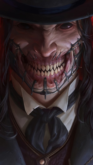 Villain with stitched mouth and top hat