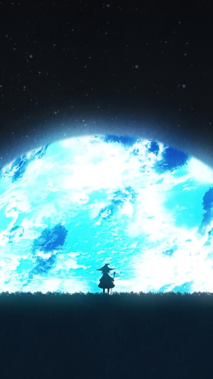 Anime girl with hat under a giant blue moon
