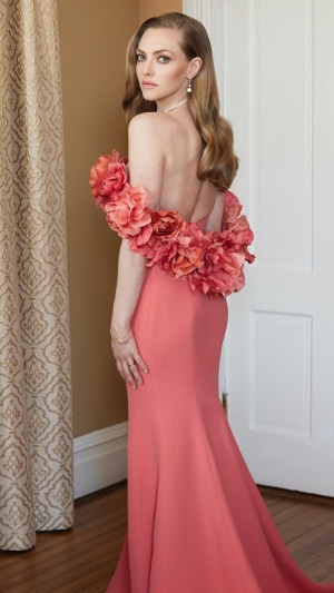 Amanda Seyfried in a coral dress with floral accents