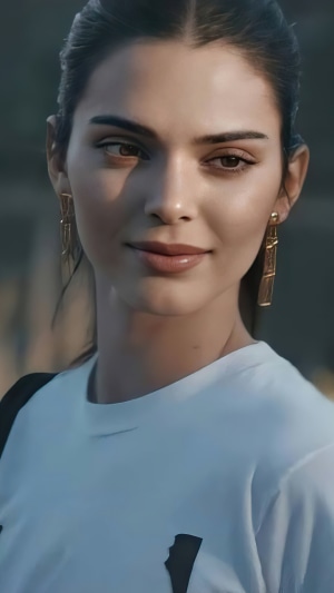 Kendall Jenner wearing a white t-shirt and earrings