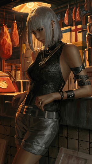 Anime girl with silver hair in a dark outfit