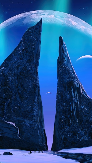 Alien Landscape with Aurora Borealis and Moons