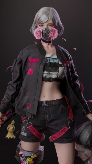 Cyberpunk girl with mask and sword