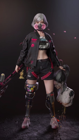 Cyberpunk girl with gas mask and axe