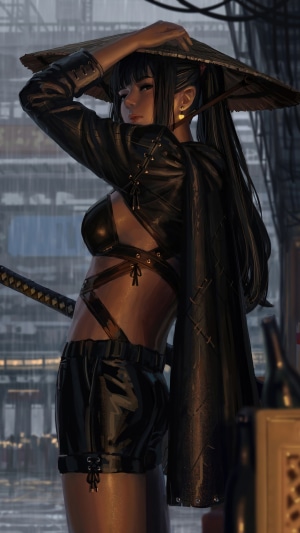 Girl warrior with katana wearing a conical hat